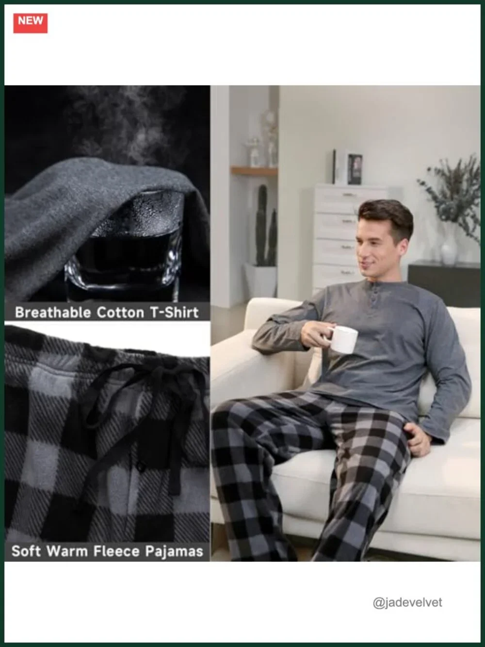 Men's Pajama Set - Flannel Pants & Cotton Top - Relaxed Fit Long Sleeve
